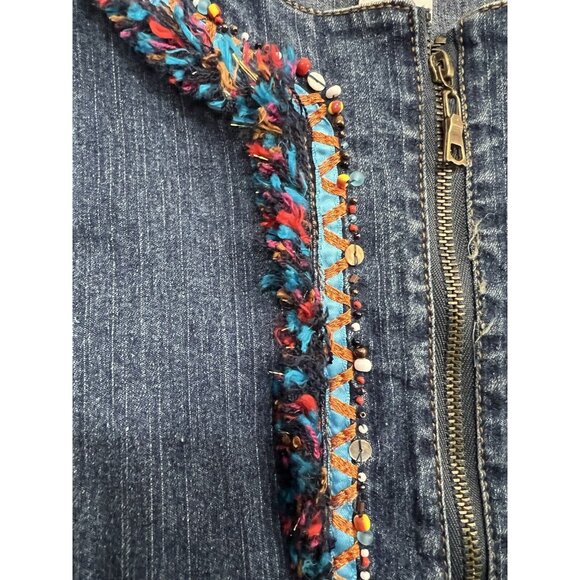 Vtg Boho Denim Jacket Sz 14 Blue Jean Full Zip Embellished Fringe‎ Beads Hippie - Picture 3 of 6